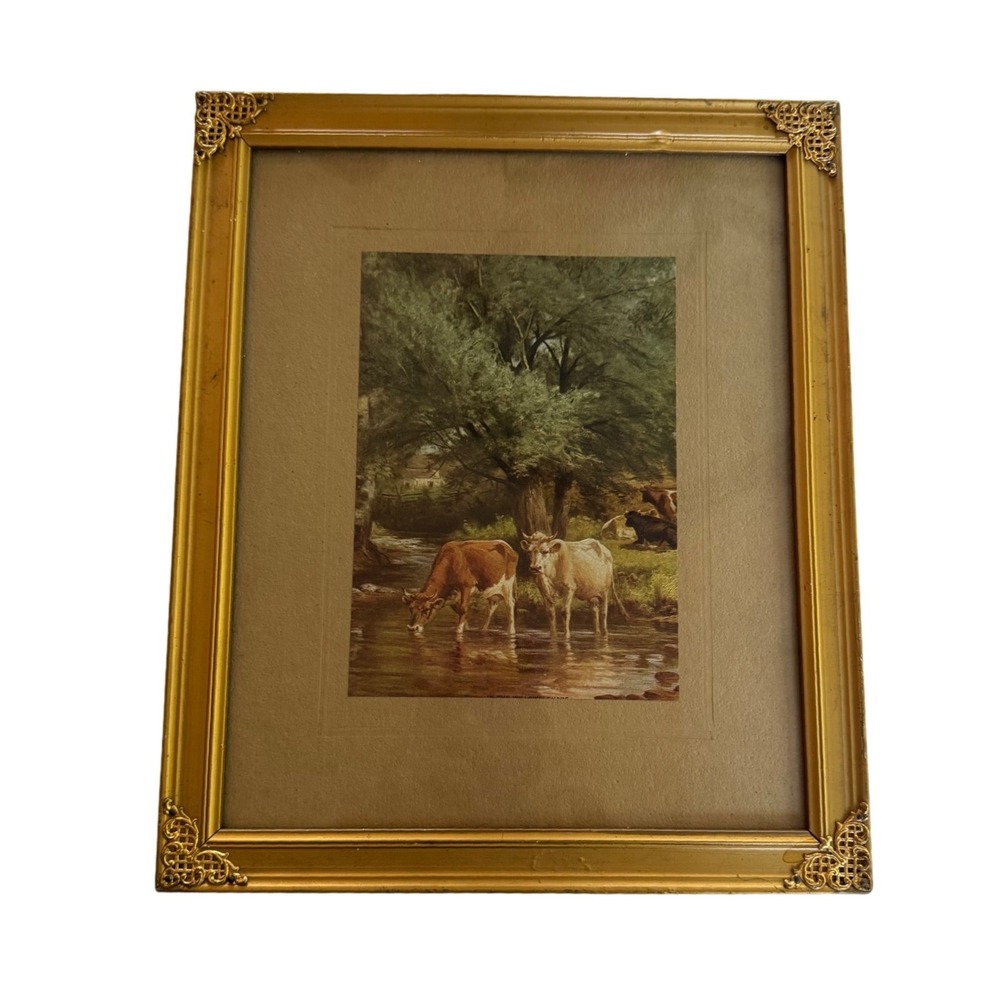 Vintage Cow Art Print Framed Pastoral Cattle Landscape Decor